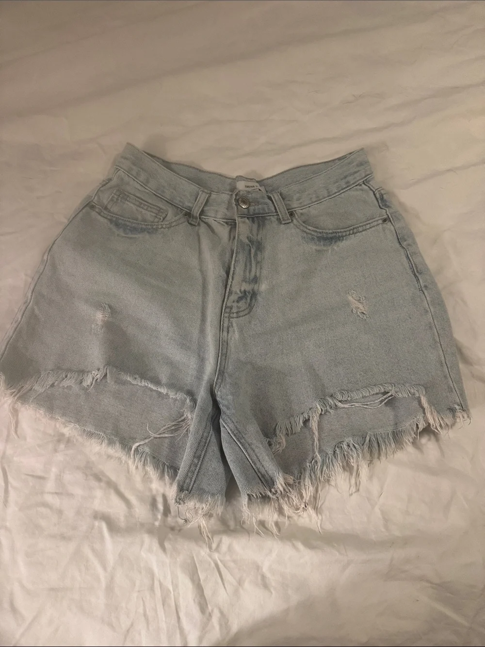 Forever 21 Light Wash Distressed High-Rise Denim Shorts